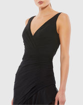 Black Asymmetrical Ruffled V-Neck Chiffon Dress